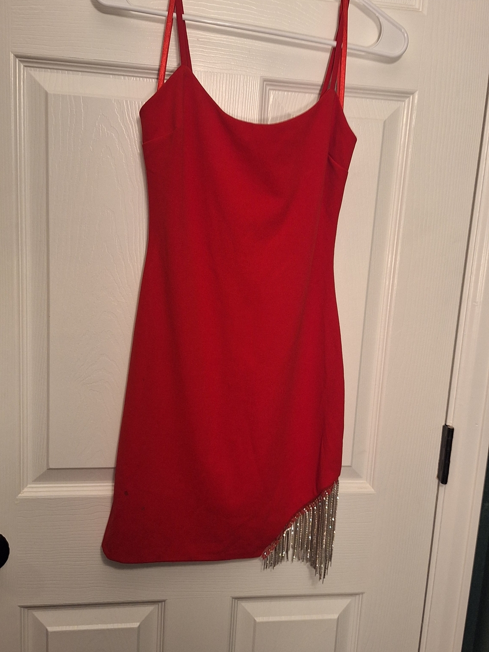 City Studio Red Mini Slip Dress with Silver Fringe